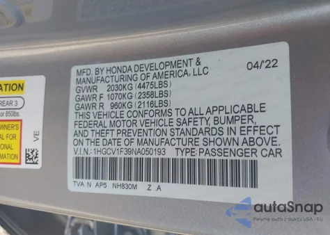 2022 Honda Accord Sport из США, поврежденный, VIN 1HGCV1F39NA050193